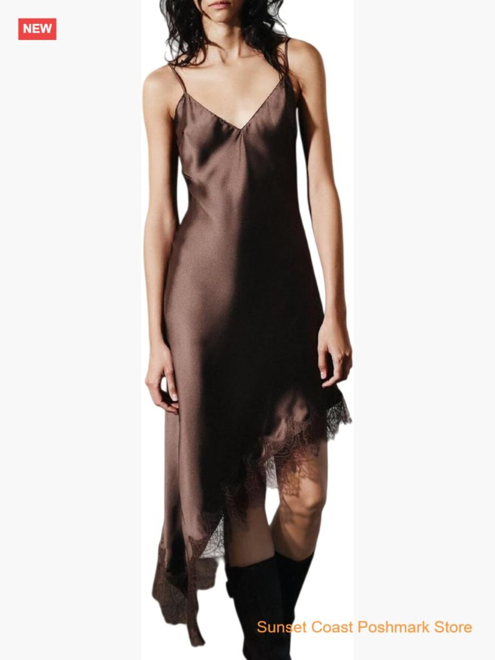 Women's Lace Satin Asymmetrical Dress Spaghetti Strap Y2k Slip Party